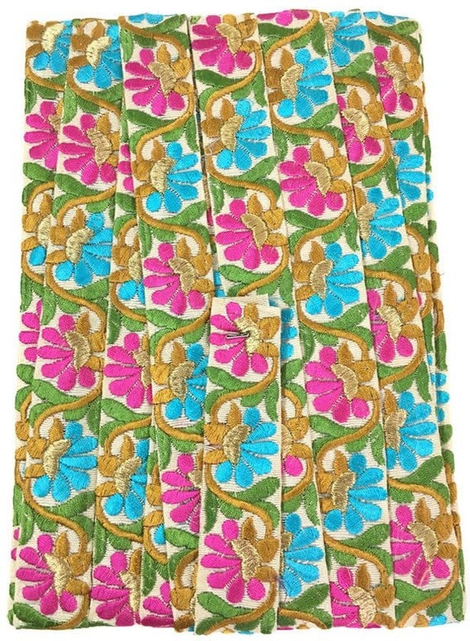 DaSync Sync Lace Border Materials Embroidered Embroidery Golden Sari Saree Blouse Dress Gown Decoration 9 Metre (Pink Blue) - Image 3